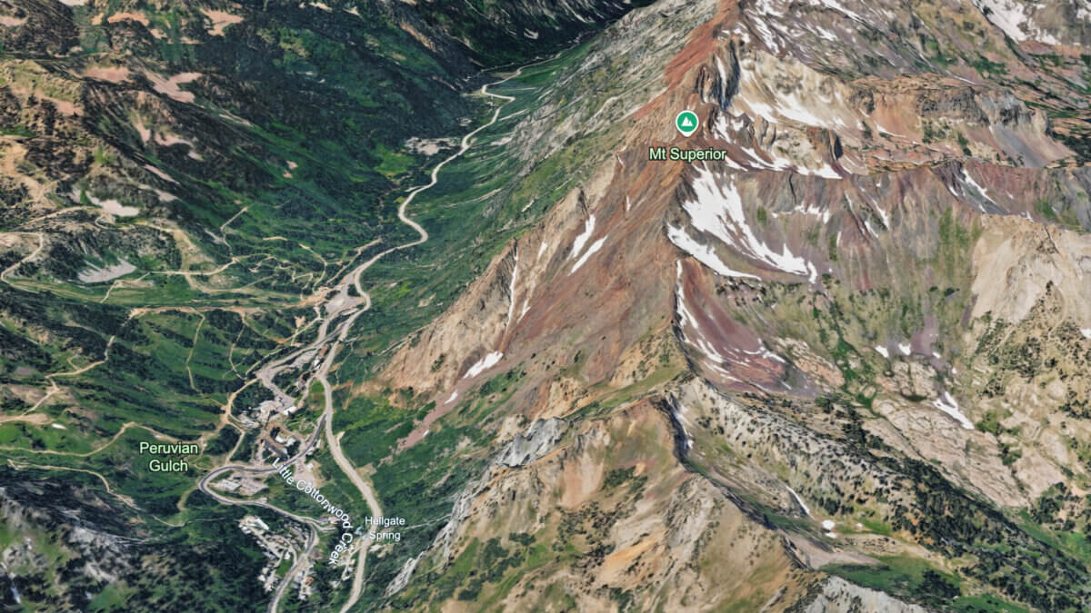 A Google Earth screenshot of Mount Superior in Little Cottonwood Canyon.