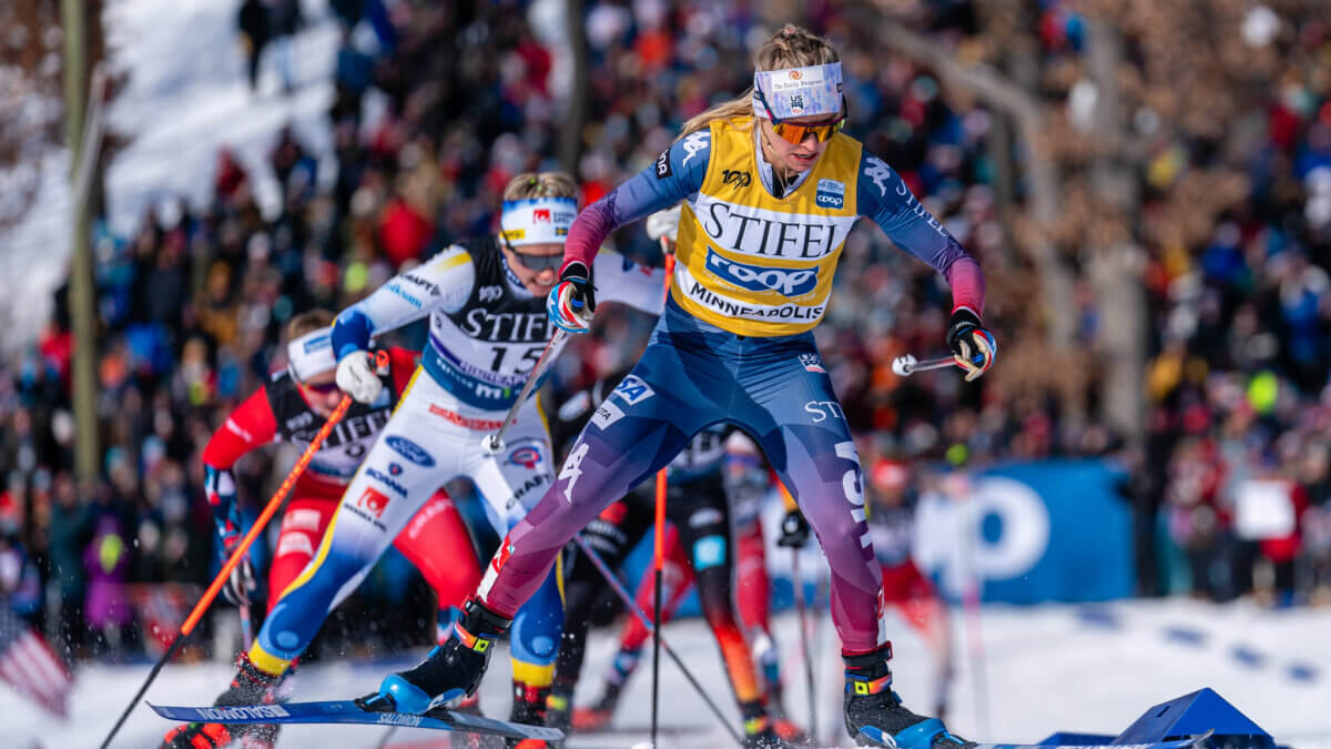 Jessie Diggins in the Women's Sprint Quarterfinals at the Loppet Cup World Cup near her hometown of Minneapolis, Minnesota.