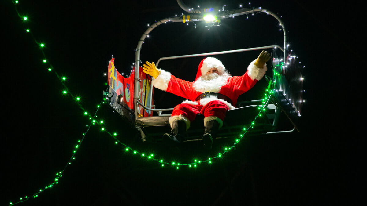 Santa Claus rides down the Town Lift, Park City Mountain Resort