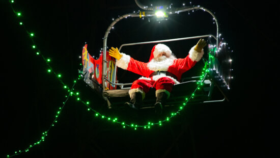 Santa Claus rides down the Town Lift, Park City Mountain Resort