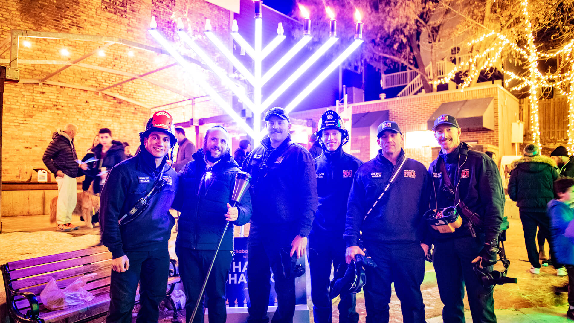Giant Menorah Lighting in Miner's Park, sponsored by Historic Main Street and Chabad Lubavitch of Park City. Rabbi Yudi Steiger and the PC Fire Department