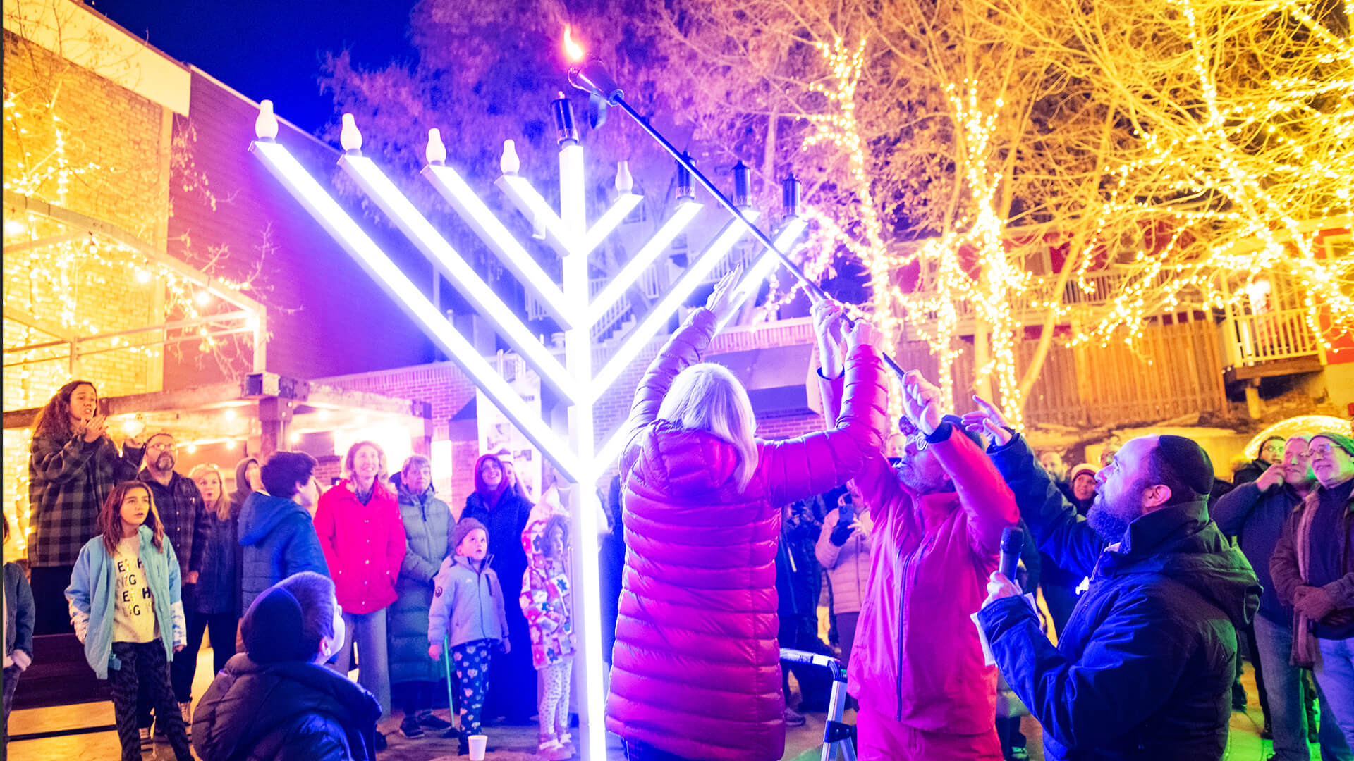 Giant Menorah Lighting in Miner's Park, sponsored by Historic Main Street and Chabad Lubavitch of Park City. Rabbi Yudi Steiger and Mayor Nann Worel lighting the menorah