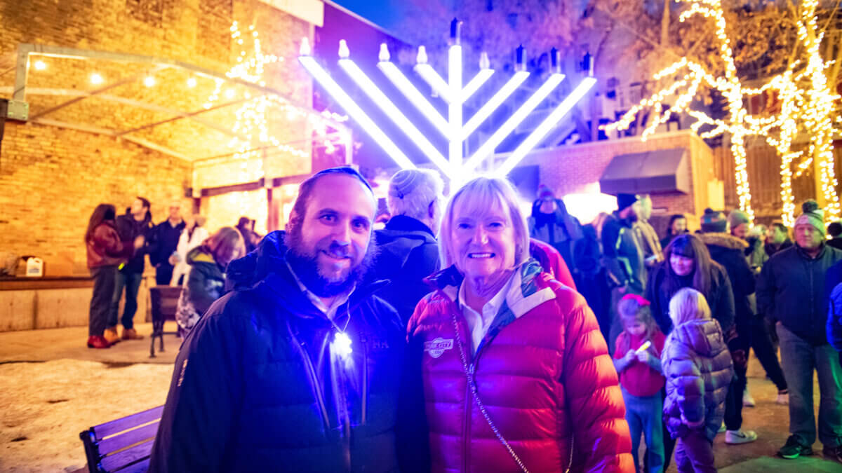 Giant Menorah Lighting in Miner's Park, sponsored by Historic Main Street and Chabad Lubavitch of Park City. Rabbi Yudi Steiger and Mayor Nann Worel