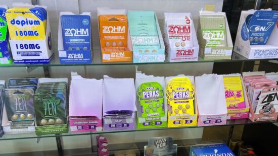 A variety of kratom and 7-OH products — including capsules, cartridges and wellness shots — are on display at a smoke shop in Buffalo, N.Y. States have led the way in regulating kratom, and now federal officials want to ban 7-OH, a powerful compound found in some kratom products.