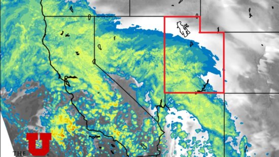 Photo: HRRR weather model at the midnight hour New Years shows precipitation on our doorstep as the storm approaches from the southwest // UofU Dept. of Atmospheric Sciences
