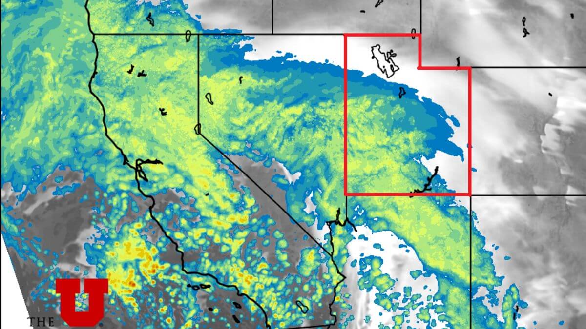 Photo: HRRR weather model at the midnight hour New Years shows precipitation on our doorstep as the storm approaches from the southwest // UofU Dept. of Atmospheric Sciences