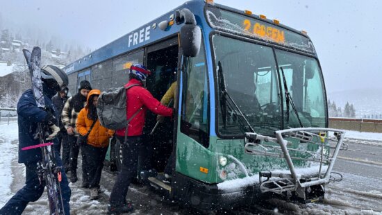 Skiers load the bus at Deer Valley’s Snow Park base.