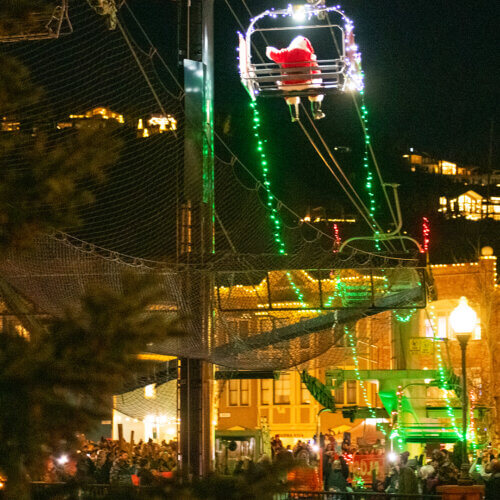 Santa Claus rides down the Town Lift, Park City Mountain Resort