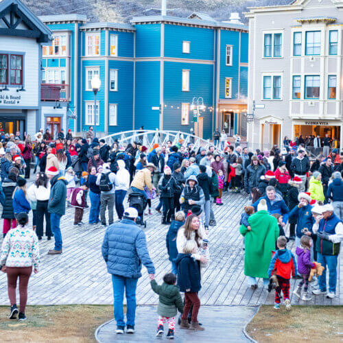 Santa Claus rides down the Town Lift, Park City Mountain Resort