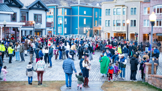 Santa Claus rides down the Town Lift, Park City Mountain Resort