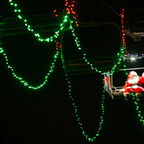 Santa Claus rides down the Town Lift, Park City Mountain Resort