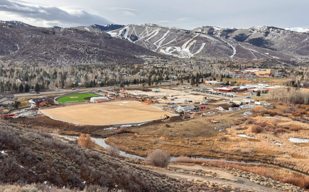 An elevated view of the Treasure Mountain School construction site on December 16, 2025, where groundwater was discharged into a ditch that flows into Silver Creek.