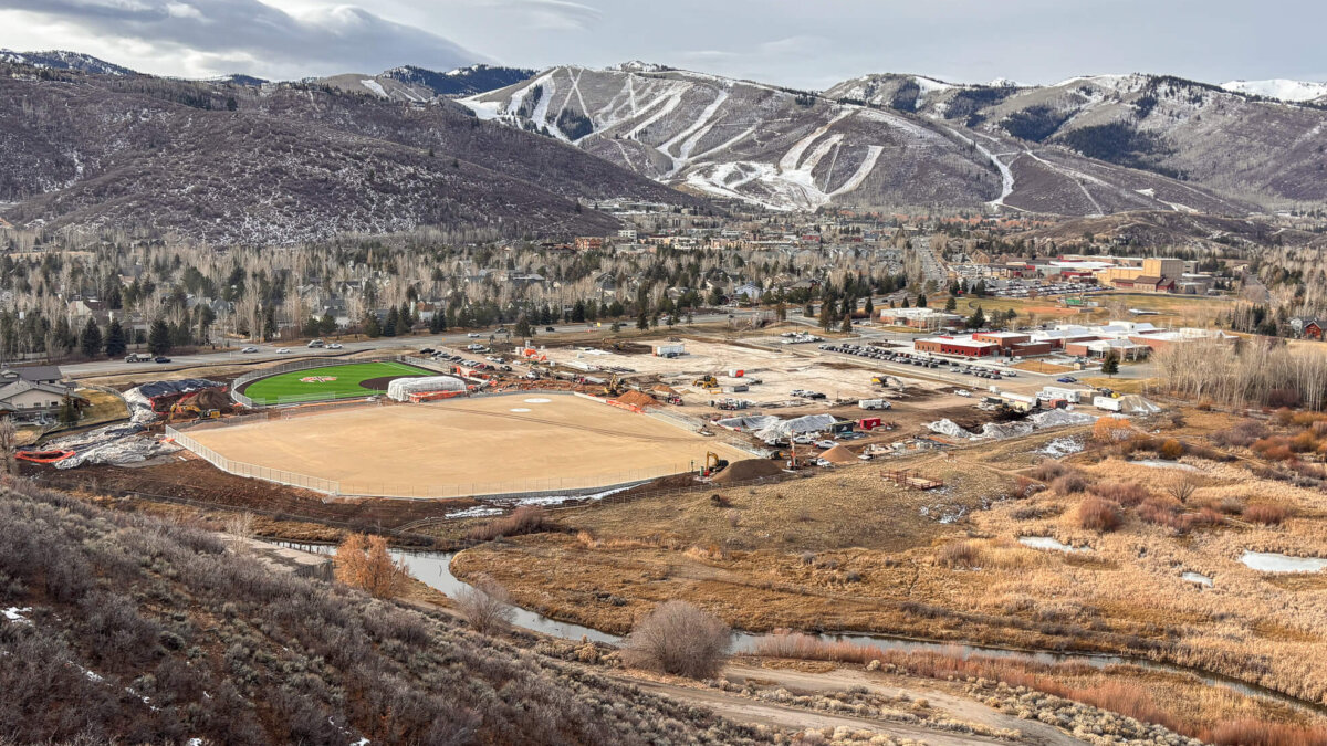 An elevated view of the Treasure Mountain School construction site on December 16, 2025, where groundwater was discharged into a ditch that flows into Silver Creek.
