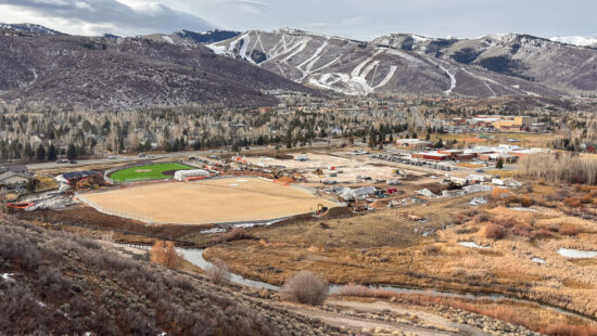 An elevated view of the Treasure Mountain School construction site on December 16, 2025, where groundwater was discharged into a ditch that flows into Silver Creek.