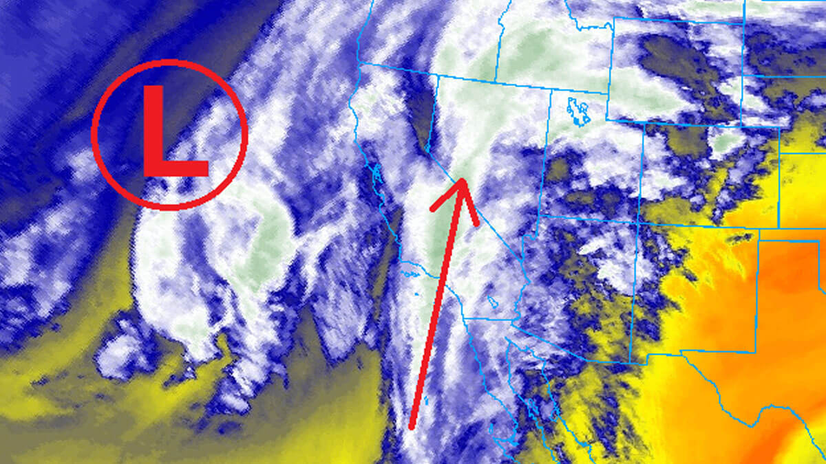 Water vapor imagery shows a powerful atmospheric river streaming in from the south, as a strong low-pressure center remains off the coast of California