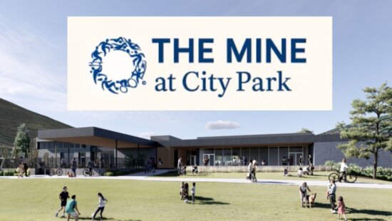 A rendering of the new community center and logo for the Mine at City Park.