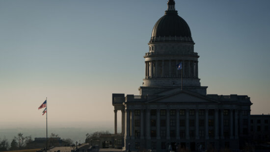 A Capitol in Salt Lake City is backdropped by a thick pollution haze on Thursday, Jan. 15, 2026.