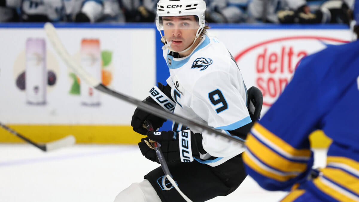 Utah Mammoth right wing Clayton Keller (9) skates during the second period of an NHL hockey game against the Buffalo Sabres Tuesday, Nov. 4, 2025, in Buffalo, N.Y.