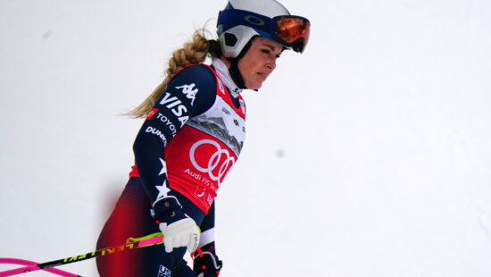 United States' Lindsey Vonn at the finish line after crashing, during an alpine ski, women's World Cup downhill, in Crans Montana , Switzerland, Friday, Jan. 30, 2026.