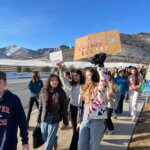 Students from Ecker Hill Middle School march during a student-led protest opposing Immigration and Customs Enforcement on Friday morning, shortly after the first advisory bell in Park City.