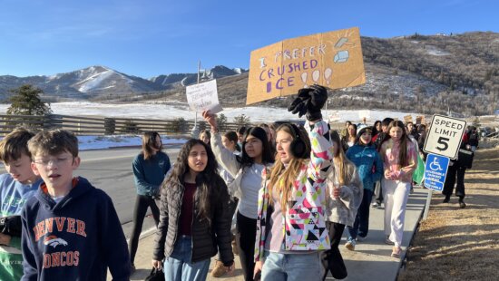 Students from Ecker Hill Middle School march during a student-led protest opposing Immigration and Customs Enforcement on Friday morning, shortly after the first advisory bell in Park City.