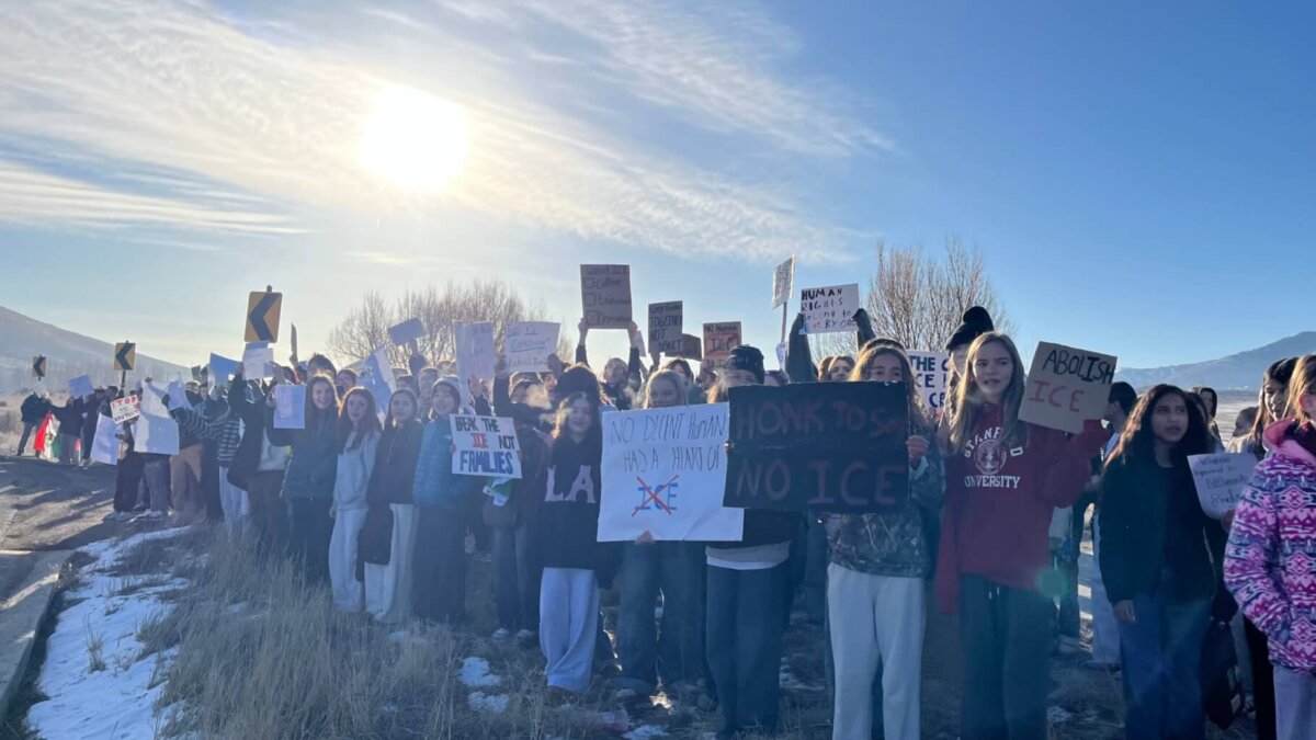 Students from Ecker Hill Middle School march during a student-led protest opposing Immigration and Customs Enforcement on Friday morning, shortly after the first advisory bell in Park City.