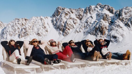 (left to right) U.S. Ski & Snowboard athletes Hailey Langland, Colby Stevenson, Tess Johnson, Zach Miller, Rell Harwood and River Radamus in the new J.Crew x U.S. Ski & Snowboard collection.