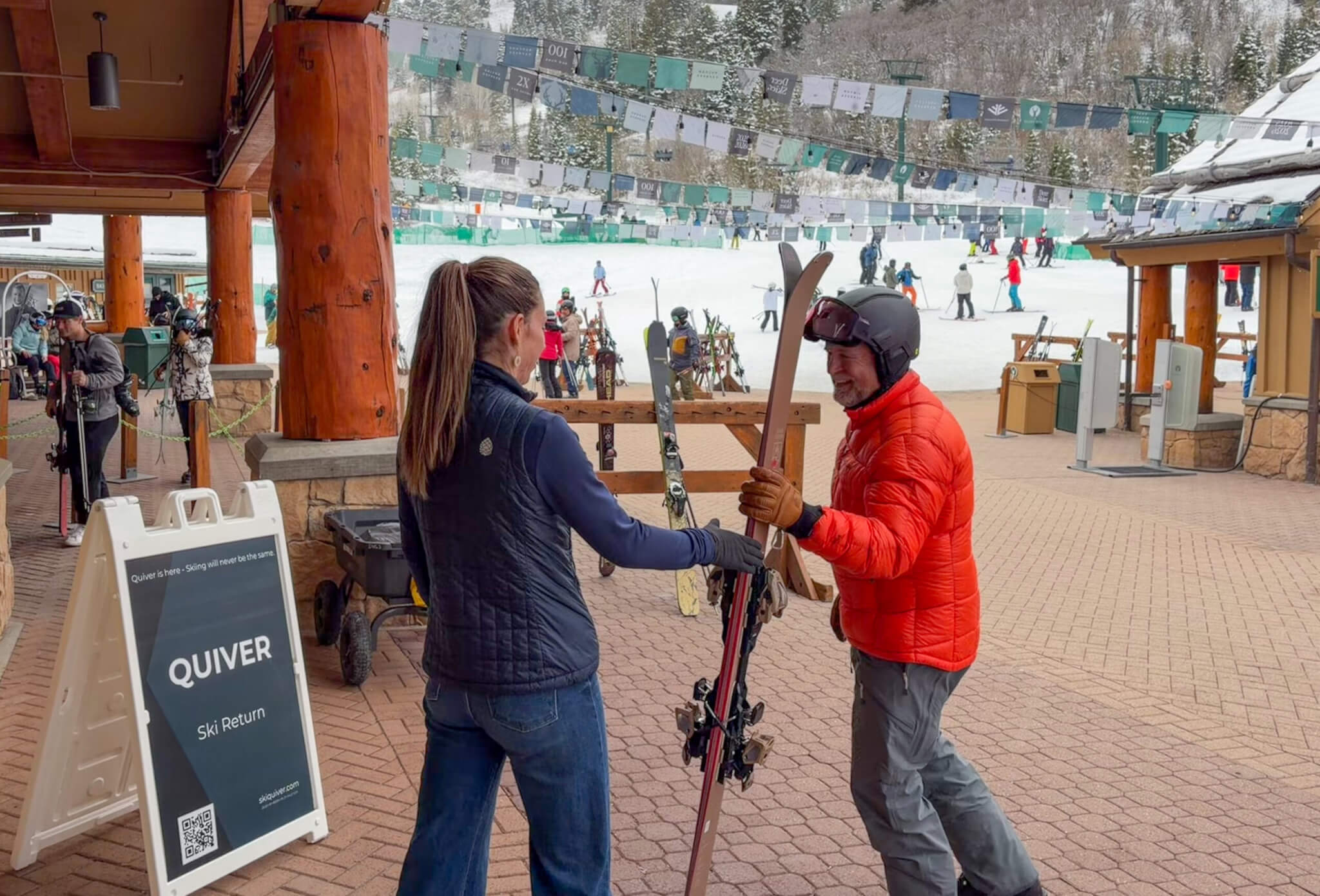 Ski equipment lined up in rental shop