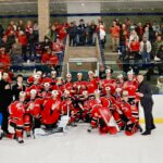 Park City High School Miners Varsity Red Boys Team holding the trophy minutes after winning 7-1 at the Utah High School State Championships in Salt Lake City on Wednesday.