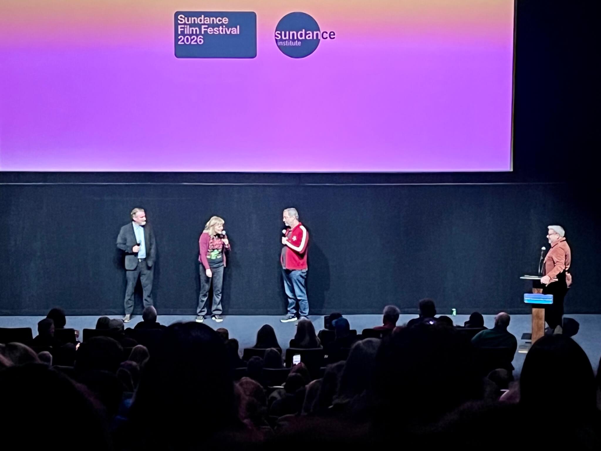 (L-R) Neil Berkley Director/Producer of the Film Paralyzed By Hope: The Maria Banford Story; Comedian Maria Banford; Judd Apatow the film's other Director/Producer; Sundance Film Festival Director Eugene Hernandez at the podium conducting the audience Q&A after the screening.