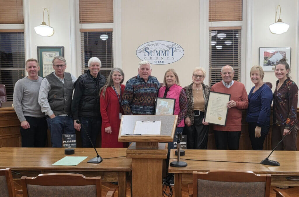 Summit County Council members pose with longtime poll workers Linda and Rich Dolan and Renata and Gary Dalton after the council approved a proclamation Wednesday evening declaring Jan. 27, 2026, “Help America Vote Day” and recognizing the four for years of election service in Summit County.