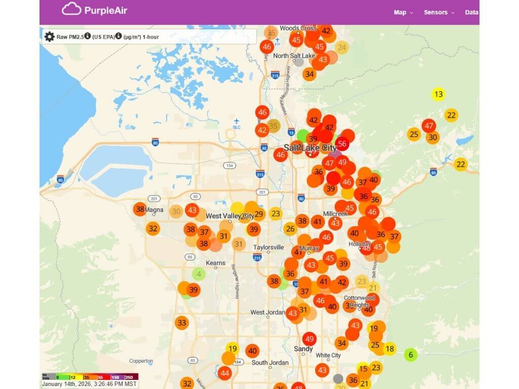 PurpleAir sensors in the Salt Lake Valley on January 14, 2025 show many PM2.5 values above the "unhealthy for sensitive groups" level of 35.5 ug (micrograms/m3) 
