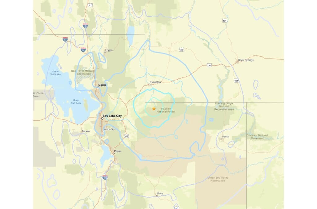 A U.S. Geological Survey map shows the epicenter and estimated shaking from Thursday morning’s earthquake near Evanston, WY.