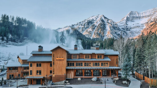 The newly opened Inn at Sundance Mountain Resort, a 63-room ski-in/ski-out hotel at the base of the Outlaw Express lift, is seen with Mount Timpanogos in the background in Sundance, Utah, in January 2026.