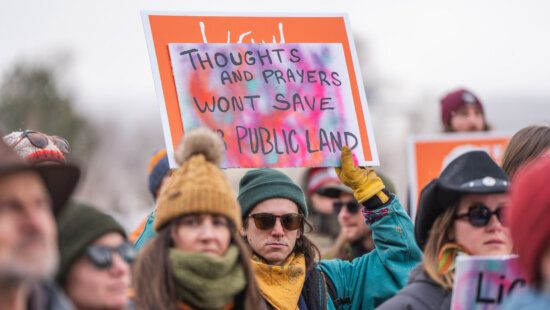 People rally in opposition of Utah’s lawsuit attempting to take control of federal lands at the Capitol in Salt Lake City on Saturday, Jan. 11, 2025.