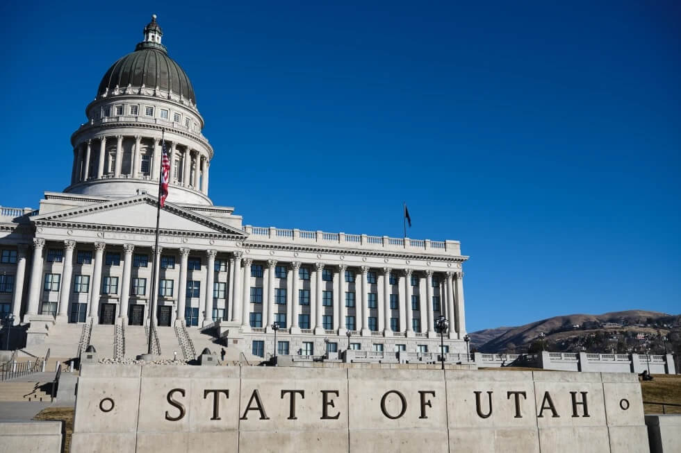 Flags fly at the Utah State Capitol, Jan. 18, 2026, in Salt Lake City.