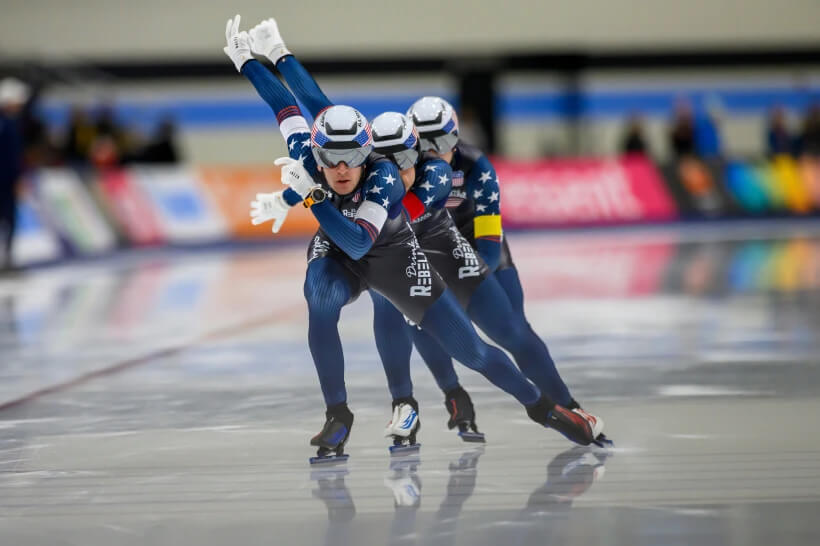 From front to back, United States’ Casey Dawson, Emery Lehman and Ethan Cepuran skate to a new world record during the men’s team pursuit at a World Cup speedskating event, Nov. 16, 2025, in Salt Lake City. (AP Photo/Tyler Tate, File)