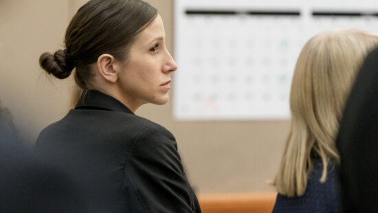 Kouri Richins, a Utah mother accused of fatally poisoning her husband, looks on during her murder trial at the Summit County Courthouse in Park City, Utah, Monday, Feb. 23, 2026.