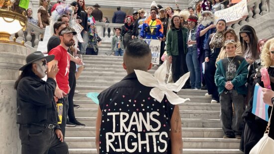 Supporters of transgender rights and drag shows rally at the Utah Capitol in Salt Lake City, Utah on Feb. 3, 2026.