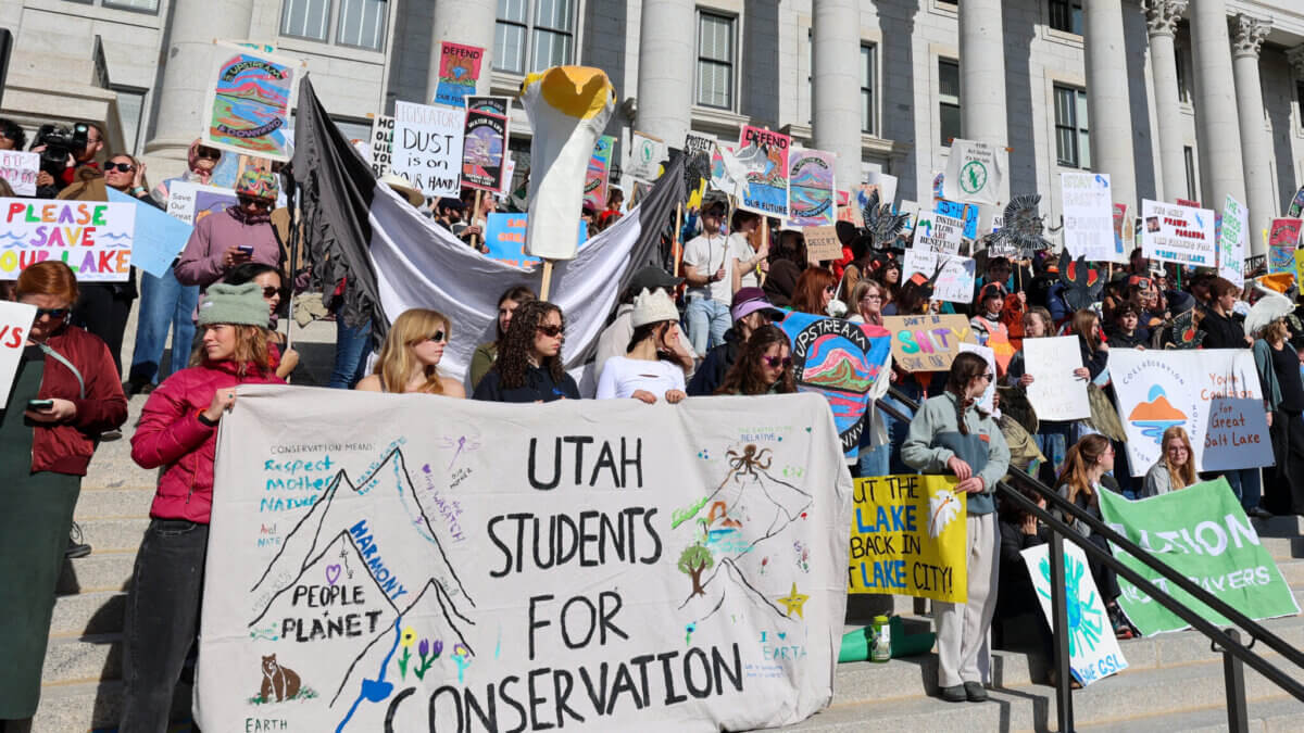 Demonstrators call for action to save the drying Great Salt Lake in a rally at the Utah State Capitol on Saturday, Jan. 31, 2026.