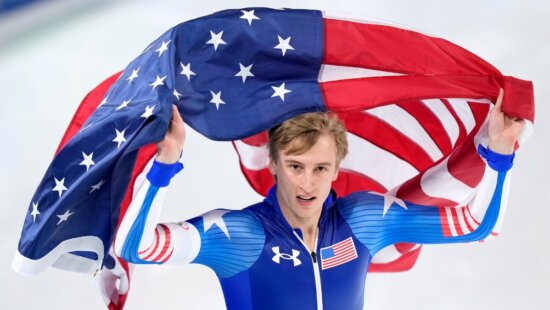 Gold medallist Jordan Stolz of the U.S. celebrates after the men's 500 meters speedskating race at the 2026 Winter Olympics, in Milan, Italy, Saturday, Feb. 14, 2026.