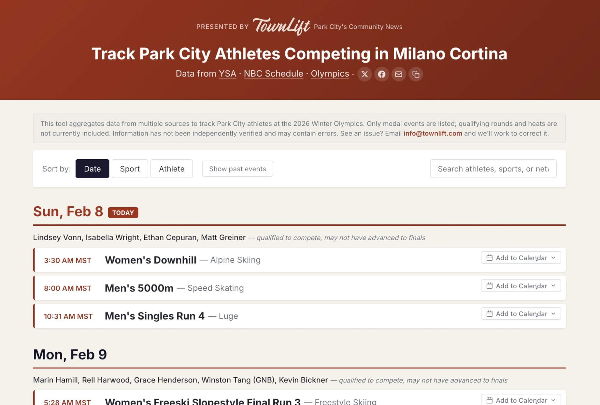 Track all 41 Park City Olympic athletes with TownLift’s new schedule tool