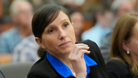 Kouri Richins, a Utah mother of three who wrote a children’s book about coping with grief after her husband’s death and was later accused of fatally poisoning him, looks on during a court hearing on Aug. 27, 2024, in Park City, Utah.