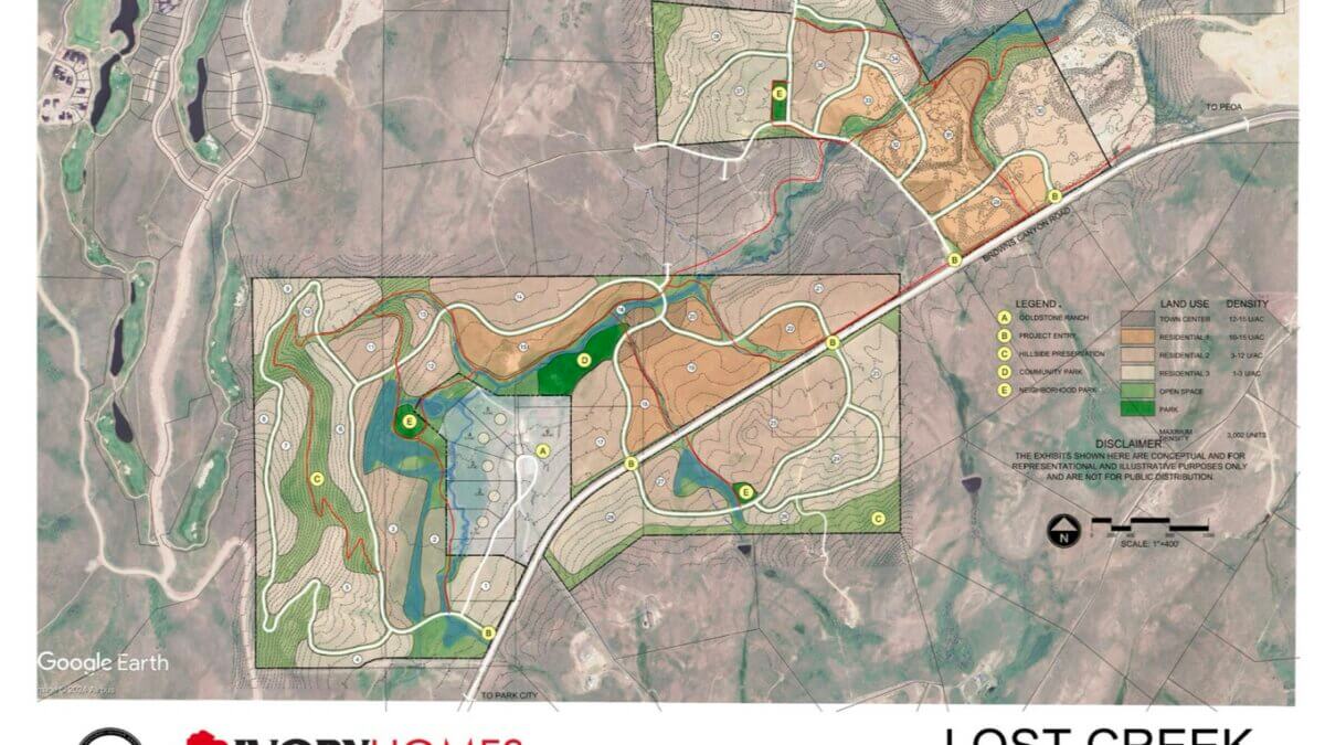 Conceptual site map for the proposed Lost Creek Community Plan, dated January 2026, showing planned land uses, road connections and open space areas along Browns Canyon Road, with a stated buildout maximum of 3,002 units.