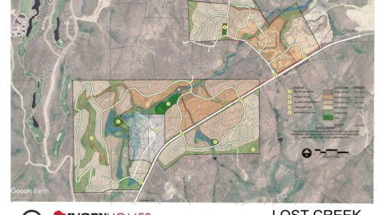 Conceptual site map for the proposed Lost Creek Community Plan, dated January 2026, showing planned land uses, road connections and open space areas along Browns Canyon Road, with a stated buildout maximum of 3,002 units.