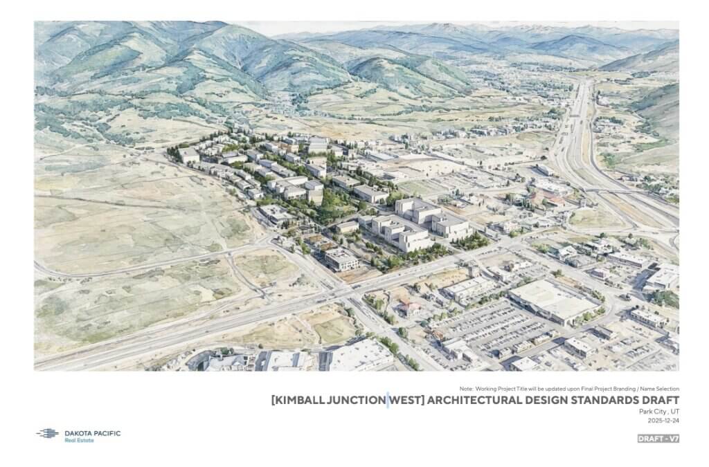 Conceptual site rendering from Dakota Pacific Real Estate’s Kimball Junction West architectural design standards draft (Draft V7, dated Dec. 24, 2025), showing a proposed mixed-use district layout in Kimball Junction.