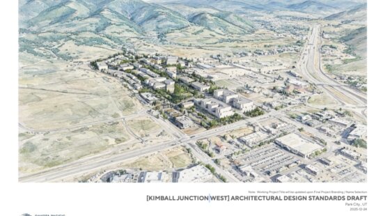 Conceptual site rendering from Dakota Pacific Real Estate’s Kimball Junction West architectural design standards draft (Draft V7, dated Dec. 24, 2025), showing a proposed mixed-use district layout in Kimball Junction.
