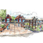 A conceptual rendering shows the pedestrian-focused public plaza proposed as part of Junction Commons, the 19-building mixed-use redevelopment planned for the former Outlets Park City site in Kimball Junction. The project was forwarded to the Summit County Council after a 6-1 vote by the Snyderville Basin Planning Commission.