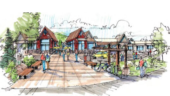 A conceptual rendering shows the pedestrian-focused public plaza proposed as part of Junction Commons, the 19-building mixed-use redevelopment planned for the former Outlets Park City site in Kimball Junction. The project was forwarded to the Summit County Council after a 6-1 vote by the Snyderville Basin Planning Commission.