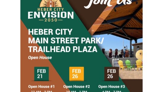 A Heber City flyer invites residents to participate in open houses for the proposed Main Street Park/Trailhead Plaza, part of the city’s Envision 2050 planning effort. The public outreach process includes three in-person sessions and an online survey to help shape the project’s conceptual design.